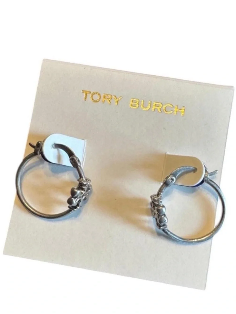 Tory Burch Silver Double T Logo Hoop Earrings NWT w Card